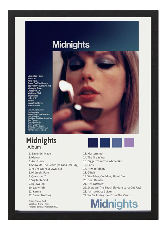 Cuadro Taylor Swift Midnights A4 - Arte Decorativo Musica