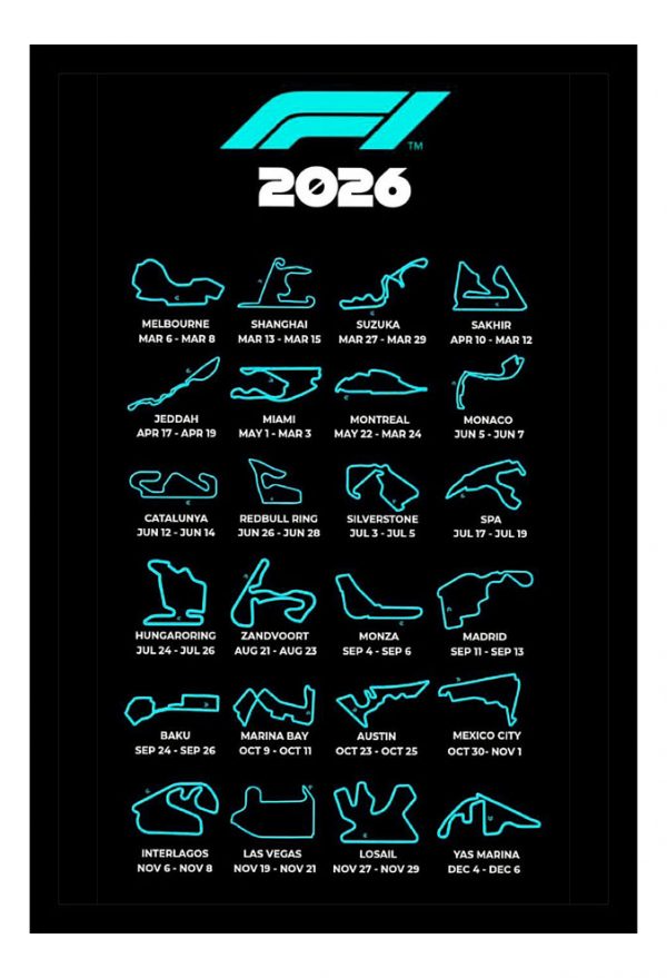 Cuadro Decorativo Formula 1 - Circuitos 2026 - A3 30x40 Cm