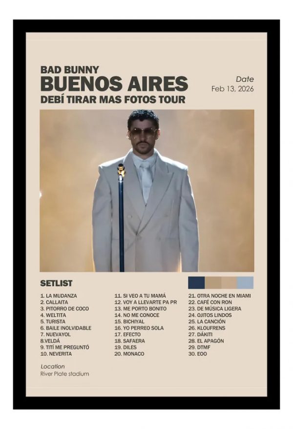 Cuadro Bad Bunny River Plate Con Setlist - A3 30x40 Cm